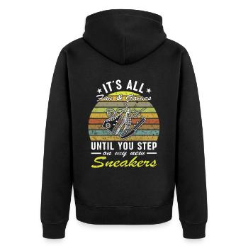 "Du Tritt Auf Meine Turnschuhe" Schuhe Fan - Unisex Premium Bio Zip Hoodie - Schwarz - Hinten - Nico (187cm)