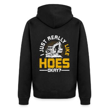 Baggerfahrer I Just Really Like Hoes Okay? - Unisex Premium Bio Zip Hoodie - Schwarz - Hinten - Nico (187cm)