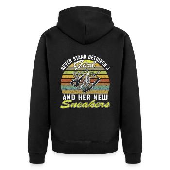 "Never between a girl and her new one - Unisex Premium Organic Zip Hoodie - black - Back - Nico (187cm)