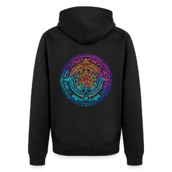 Mystisches buntes aztekisches Sonnenkalender-Design - Unisex Premium Bio Zip Hoodie - Schwarz - Hinten - Nico (187cm)
