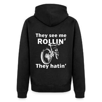Rollin' Rebel: Pedal mit Attitüde Lustiges Fahrrad - Unisex Premium Bio Zip Hoodie - Schwarz - Hinten - Nico (187cm)