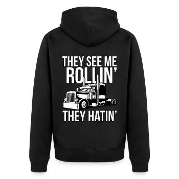 Rollin Thunder nutzen Sie die Kraft des Trucks - Unisex Premium Bio Zip Hoodie - Schwarz - Hinten - Nico (187cm)