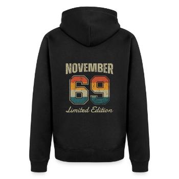 Geburtstag: November 1969 - Limited Edition Retro - Unisex Premium Bio Zip Hoodie - Schwarz - Hinten - Nico (187cm)