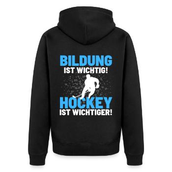 HOCKEY IST WICHTIGER! Eishockey Hockey - Unisex Premium Bio Zip Hoodie - Schwarz - Hinten - Nico (187cm)