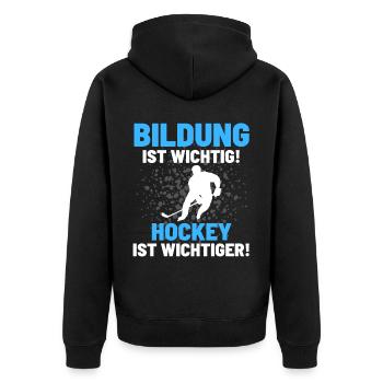 HOCKEY IST WICHTIGER! Eishockey Hockey - Unisex Premium Bio Zip Hoodie - Schwarz - Hinten - Nico (187cm)
