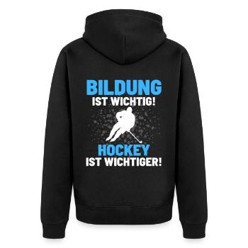 HOCKEY IST WICHTIGER! Eishockey Hockey - Unisex Premium Bio Zip Hoodie - Schwarz - Hinten - Nico (187cm)