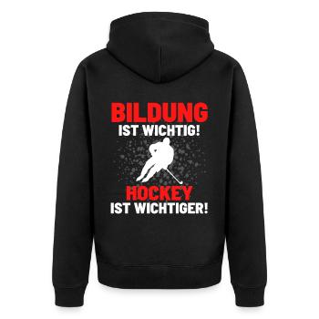 HOCKEY IST WICHTIGER! Eishockey Hockey - Unisex Premium Bio Zip Hoodie - Schwarz - Hinten - Nico (187cm)