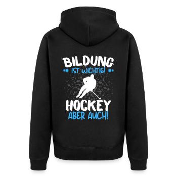 HOCKEY IST WICHTIGER! Eishockey Hockey - Unisex Premium Bio Zip Hoodie - Schwarz - Hinten - Nico (187cm)