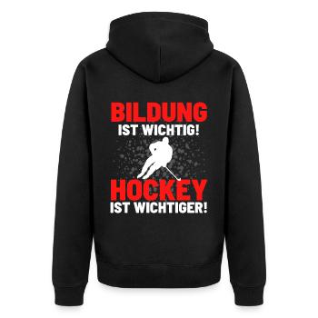 HOCKEY IST WICHTIGER! Eishockey Hockey - Unisex Premium Bio Zip Hoodie - Schwarz - Hinten - Nico (187cm)