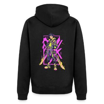 Shibuya: Cooler Anime Junge mit Schwert Japanisch - Unisex Premium Bio Zip Hoodie - Schwarz - Hinten - Nico (187cm)
