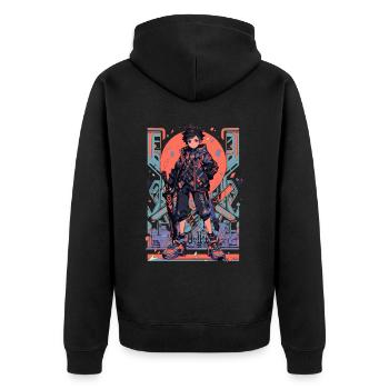 Shibuya: Cooler Anime Junge mit Schwert Japanisch - Unisex Premium Bio Zip Hoodie - Schwarz - Hinten - Nico (187cm)