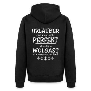 Wolgast Sprüche Wolgaster Spruch - Unisex Premium Bio Zip Hoodie - Schwarz - Hinten - Nico (187cm)