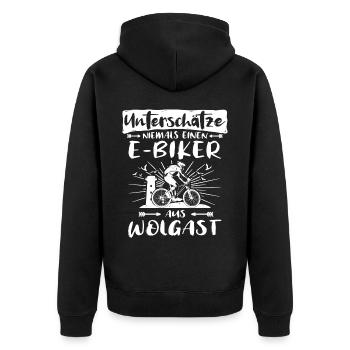 Wolgast Ebike Wolgaster Ebiker - Unisex Premium Bio Zip Hoodie - Schwarz - Hinten - Nico (187cm)