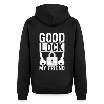 Schlüsseldienst Locksmith Dietrich - Unisex Premium Bio Zip Hoodie - Schwarz - Hinten - Nico (187cm)