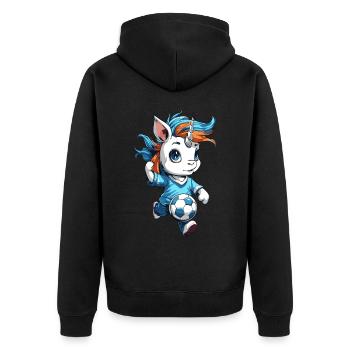 "Spitzen Kicker" - lustiges Fußball Einhorn - Unisex Premium Bio Zip Hoodie - Schwarz - Hinten - Nico (187cm)