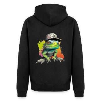 Lustige Baragame mit Mütze Reptil Leguan - Unisex Premium Bio Zip Hoodie - Schwarz - Hinten - Nico (187cm)