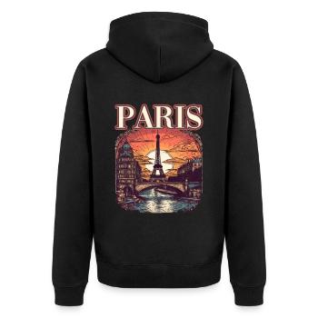 Paris Eiffelturm Bonjour Souvenirs - Unisex Premium Bio Zip Hoodie - Schwarz - Hinten - Nico (187cm)