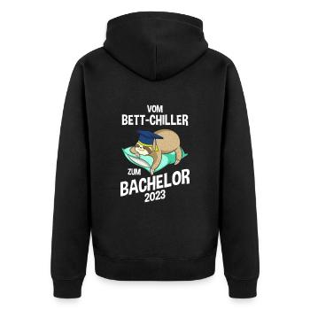 Vom Bettchiller zum Bachelor Faultier 2023 - Unisex Premium Bio Zip Hoodie - Schwarz - Hinten - Nico (187cm)