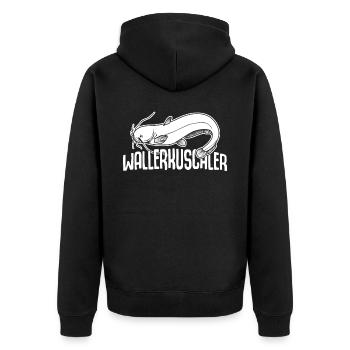 Waller Angeln Angel Angler Fischer - Unisex Premium Bio Zip Hoodie - Schwarz - Hinten - Nico (187cm)