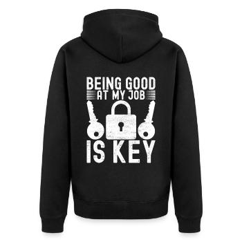 Schlüsseldienst Locksmith Dietrich - Unisex Premium Bio Zip Hoodie - Schwarz - Hinten - Nico (187cm)