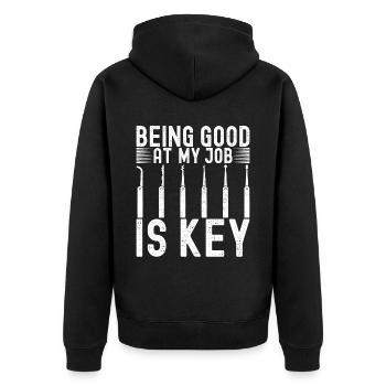 Schlüsseldienst Locksmith Dietrich - Unisex Premium Bio Zip Hoodie - Schwarz - Hinten - Nico (187cm)