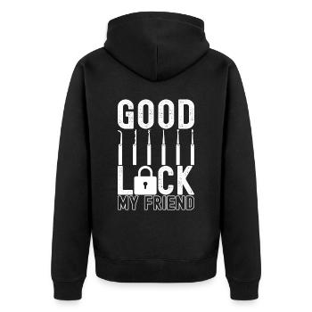 Schlüsseldienst Locksmith Dietrich - Unisex Premium Bio Zip Hoodie - Schwarz - Hinten - Nico (187cm)