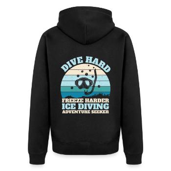 Dive Hard Freezy Harder, Eistaucher - Unisex Premium Bio Zip Hoodie - Schwarz - Hinten - Nico (187cm)