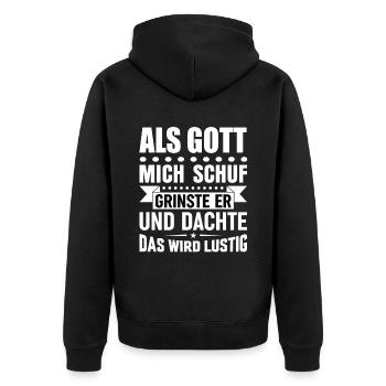 Lustige Sprüche - Unisex Premium Bio Zip Hoodie - Schwarz - Hinten - Nico (187cm)