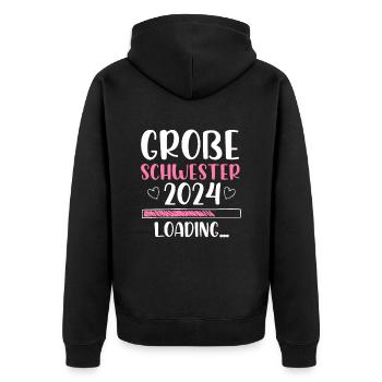 Große Schwester 2024 Loading Herz - Unisex Premium Bio Zip Hoodie - Schwarz - Hinten - Nico (187cm)