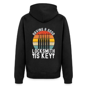 Schlüsseldienst Locksmith Dietrich - Unisex Premium Bio Zip Hoodie - Schwarz - Hinten - Nico (187cm)