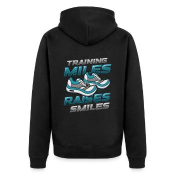 Training Miles, Raises Smiles, Marathon Laufen - Unisex Premium Bio Zip Hoodie - Schwarz - Hinten - Nico (187cm)