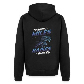 Training Miles, Raises Smiles, Marathon Laufen - Unisex Premium Bio Zip Hoodie - Schwarz - Hinten - Nico (187cm)