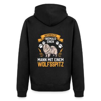 Mann mit Wolfsspitz Deutscher Keeshond - Unisex Premium Bio Zip Hoodie - Schwarz - Hinten - Nico (187cm)