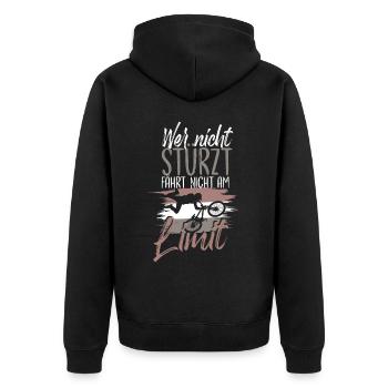 Wer Nicht Stürzt, Fährt Nicht Am Limit - Unisex Premium Bio Zip Hoodie - Schwarz - Hinten - Nico (187cm)