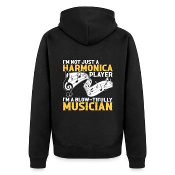 Harmonikaspieler für Munharmonika Spieler - Unisex Premium Bio Zip Hoodie - Schwarz - Hinten - Nico (187cm)