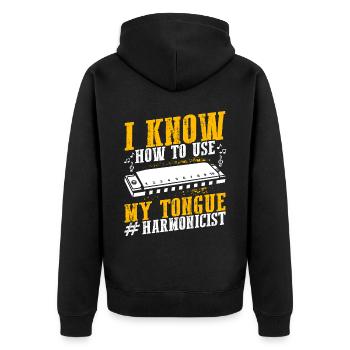 Mundharmonika Spieler und Mundharmonika - Unisex Premium Bio Zip Hoodie - Schwarz - Hinten - Nico (187cm)