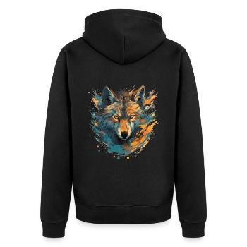 Künstlerisches Wolfsporträt - Unisex Premium Bio Zip Hoodie - Schwarz - Hinten - Nico (187cm)