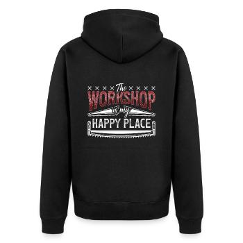 Carpenter The Workshop Is My Happy Place Carpentry - Unisex Premium Bio Zip Hoodie - Schwarz - Hinten - Nico (187cm)