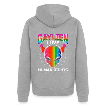 Gender Lesben, Schwule, Trans, Queer Regenbogen - Unisex Premium Bio Zip Hoodie - Grau meliert - Hinten - Nico (187cm)
