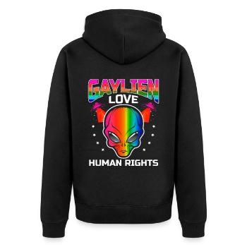 Gender Lesben, Schwule, Trans, Queer Regenbogen - Unisex Premium Bio Zip Hoodie - Schwarz - Hinten - Nico (187cm)