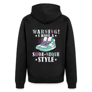 Lustiger Sneaker -Sammler - Turnschuhe - Unisex Premium Bio Zip Hoodie - Schwarz - Hinten - Nico (187cm)