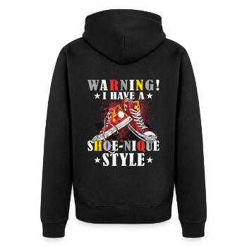 Lustiger Sneaker -Sammler - Turnschuhe - Unisex Premium Bio Zip Hoodie - Schwarz - Hinten - Nico (187cm)