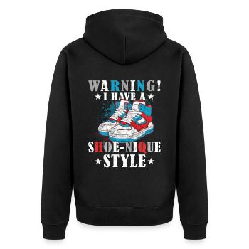 Lustiger Sneaker -Sammler - Turnschuhe - Unisex Premium Bio Zip Hoodie - Schwarz - Hinten - Nico (187cm)