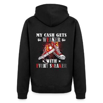 Lustiger Sneaker -Sammler - Turnschuhe - Unisex Premium Bio Zip Hoodie - Schwarz - Hinten - Nico (187cm)