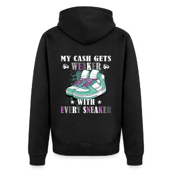 Lustiger Sneaker -Sammler - Turnschuhe - Unisex Premium Bio Zip Hoodie - Schwarz - Hinten - Nico (187cm)