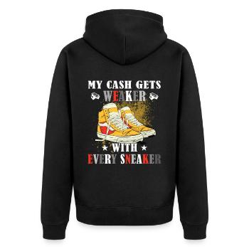 Lustiger Sneaker -Sammler - Turnschuhe - Unisex Premium Bio Zip Hoodie - Schwarz - Hinten - Nico (187cm)