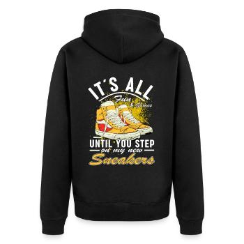 Lustiger Sneaker -Sammler - Turnschuhe - Unisex Premium Bio Zip Hoodie - Schwarz - Hinten - Nico (187cm)