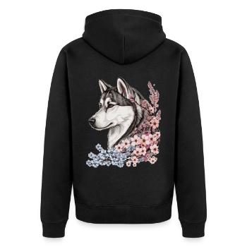 Siberian Husky Cherry Blossom Dog Japanese Sakura - Unisex Premium Bio Zip Hoodie - Schwarz - Hinten - Nico (187cm)