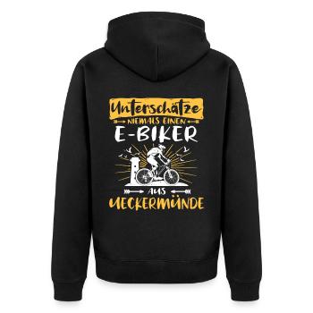 Ebike Ueckermünde Ebiking Ueckermünder E-Biker - Unisex Premium Bio Zip Hoodie - Schwarz - Hinten - Nico (187cm)