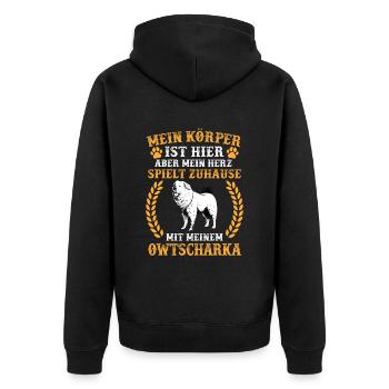 Spiele mit Owtscharka Kaukasischer Schäferhund - Unisex Premium Bio Zip Hoodie - Schwarz - Hinten - Nico (187cm)